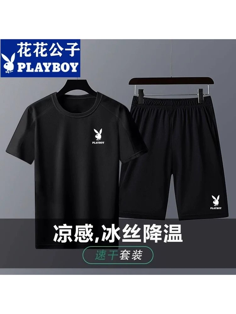 清仓夏季短袖t恤男士宽松冰丝速干网眼透气运动短裤套装